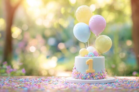 A birthday cake with balloons and number one on it photo