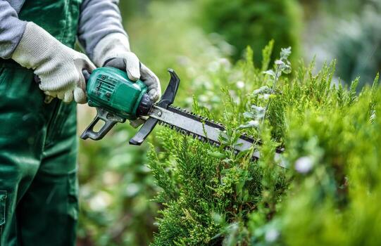 A person in overalls is using a chainsaw to trim a hedge photo