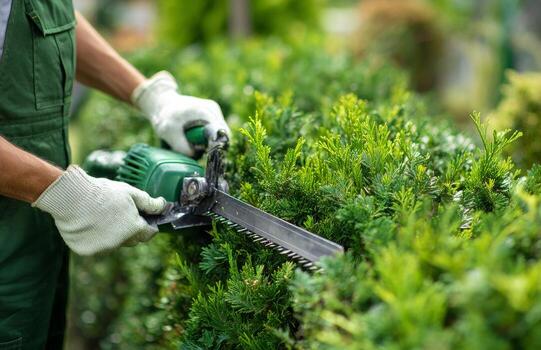 A person in overalls is cutting a hedge with a chainsaw photo