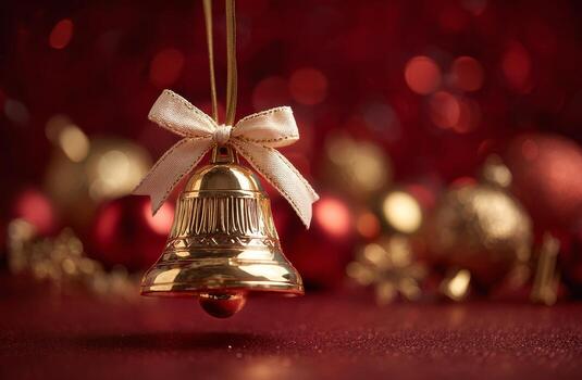 A gold bell on a red background with ornaments photo