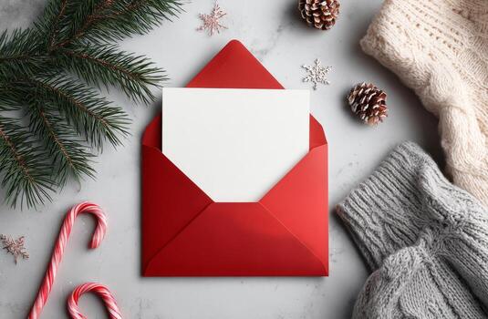 An open envelope with a blank card and candy canes on a gray background photo
