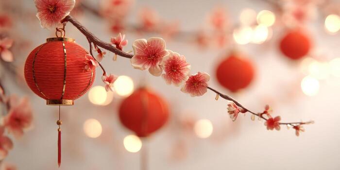 Chinese new year lanterns hanging from a branch photo