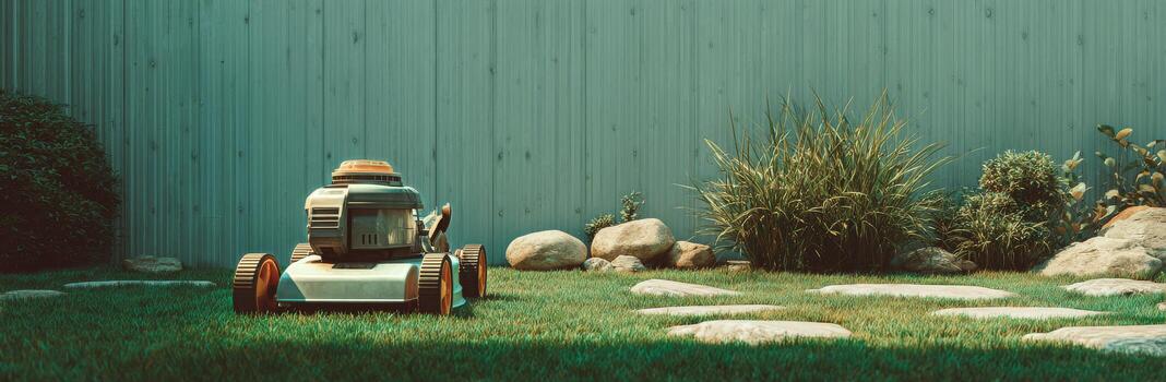 A robot is sitting in the grass near a wall photo