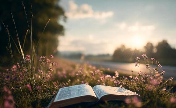 An open bible is lying on the grass in the field with the sun shining in the background photo