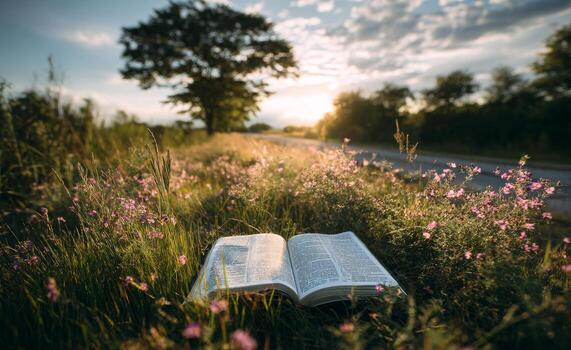 An open bible is lying on the grass in a field at sunset photo