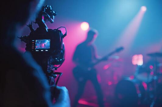A person holding a camera in front of a band photo