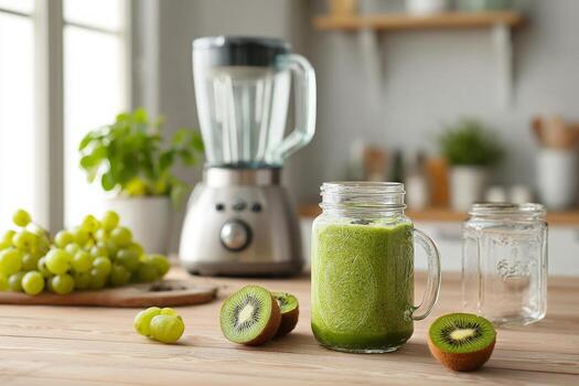 Green smoothie with kiwi and grapes on a wooden table photo