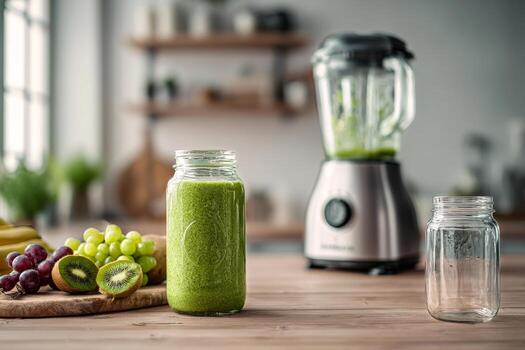 A blender with a glass jar of green smoothie photo