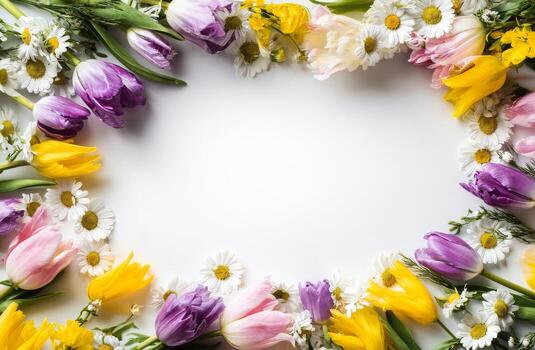 Spring flowers frame on white background with copy space photo