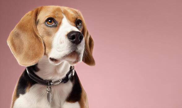 A beagle dog is looking up at the camera photo