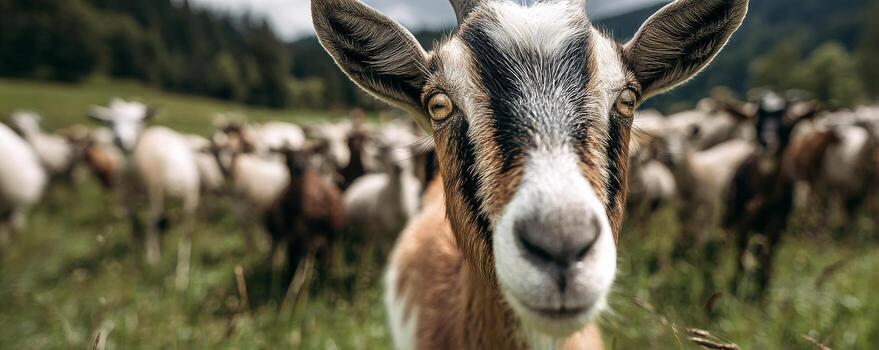 A goat is standing in a field with other goats photo