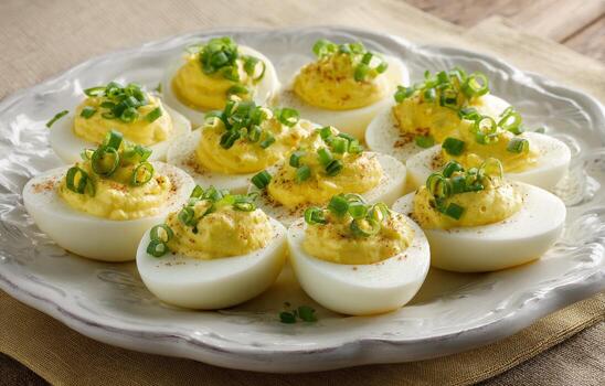 Deviled eggs with mustard and green onions photo