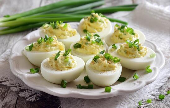 Deviled eggs on a white plate with green onions photo