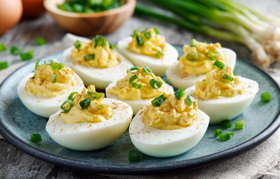 Deviled eggs with green onions and garlic photo