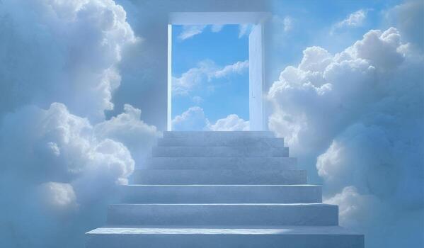 A stairway leading to an open door in the clouds photo