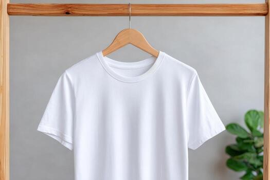 un llanura blanco camiseta es desplegado colgando desde un de madera percha. el fondo es neutral, y un verde planta es parcialmente visible, agregando un toque de naturaleza a el ajuste. foto