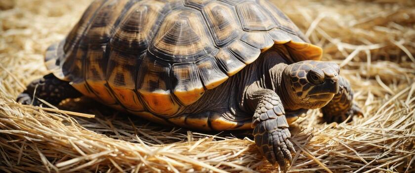 Close-up of a Tortoise on Hay in Sunlight photo