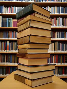 A stack of books on a table in front of a library photo