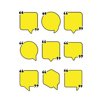 Set of nine yellow speech bubble icons with quotation marks for communication and dialogue vector