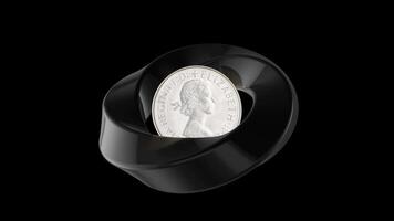 Australisch 1 cent munt ingebed binnen een zwart spiraal ring, creëren een modern abstract vertegenwoordiging van munteenheid. video
