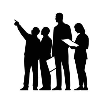 Professional team silhouettes collaborating, pointing towards a strategic vision, symbolizing unified effort and leadership guidance in achieving common business objectives and future success vector