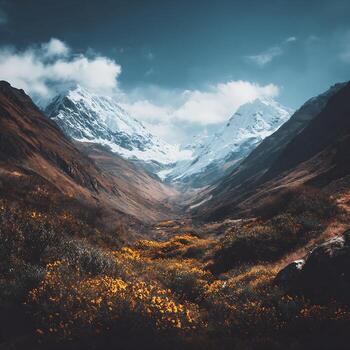 High altitude autumn valley vista with snow-capped peaks and evolving weather patterns creating photo