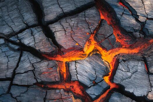 Intricate dendritic patterns illuminated with fiery fissures on a textured canvas of ash-gray wood photo