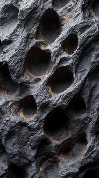 Intricate patterns and dark voids etched within a rough stone surface create depth photo