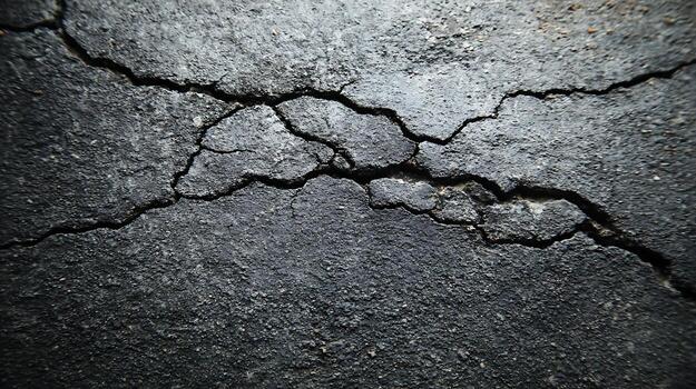 Intricate patterns of fracturing on weathered asphalt surface, revealing structural degradation photo