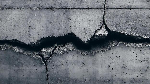 Intricate fracture lines slicing through weathered concrete surface exposing inner matrix photo