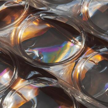 Abstract circular formations display shifting iridescent light reflections on a translucent surface photo