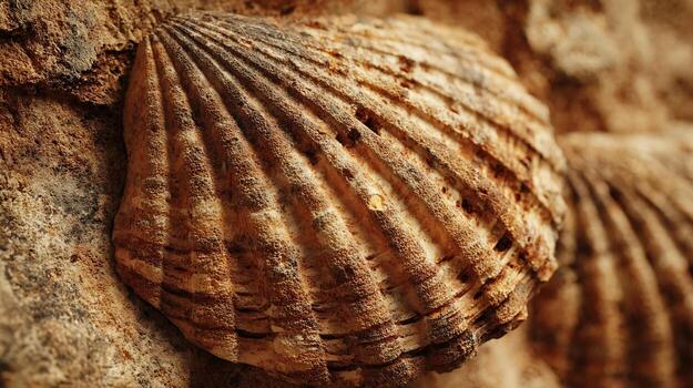 Fossilized sea shell embedded in sediment displaying ancient geological formations and patterns photo