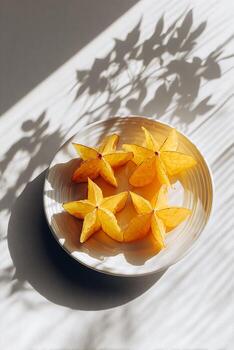 Starfruit on White Plate Under Shadows Creating a Stark Yet Appealing Visual Composition photo