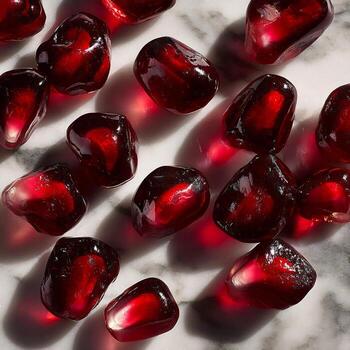 rubí joyas disperso. un vibrante formación de Fresco granada arilos en mármol superficie foto