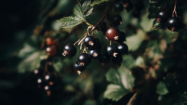 lozano grosella negra arbusto mostrando maduro bayas en profundo oscuridad y suave difundido ligero ofrecimiento un foto