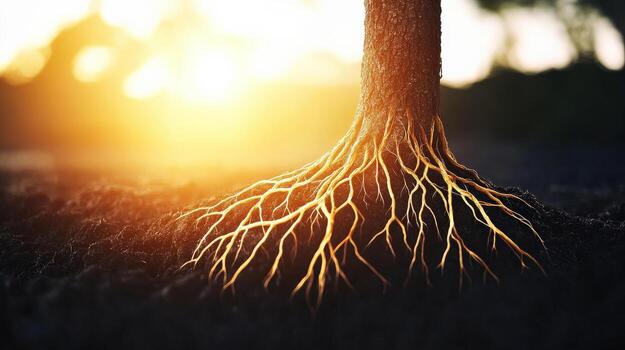 the sun is shining through the tree's roots photo