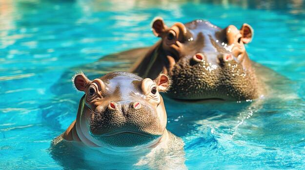 Two hippos are swimming in a pool photo