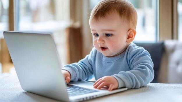 a baby is looking at a laptop computer photo