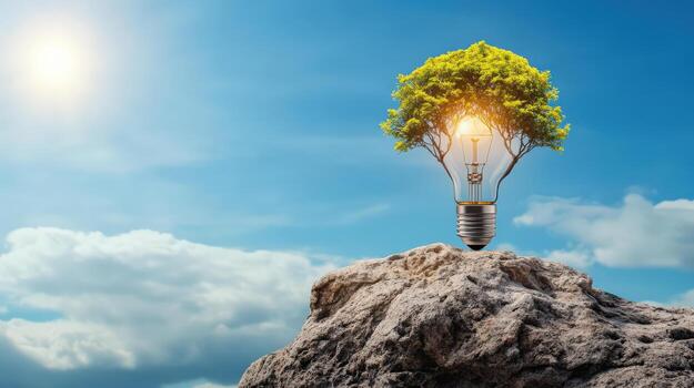 ligero bulbo con árbol en parte superior de rock foto