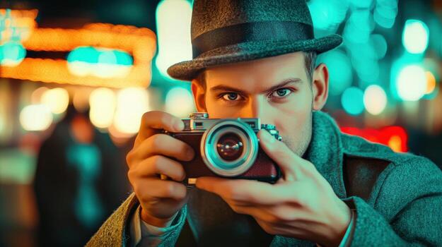 a man in a hat and coat holding a camera photo