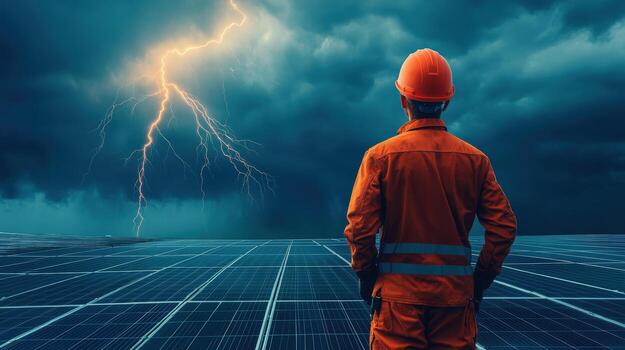 a man in an orange safety suit standing in front of a solar panel photo