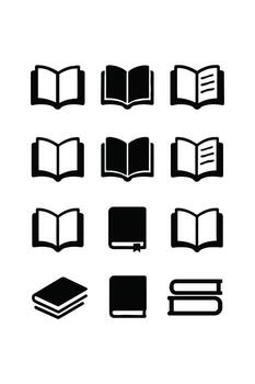 Minimalist graphic set of black book icons and symbols, featuring open, closed, and stacked books, ideal for educational content, digital libraries, and literary applications vector