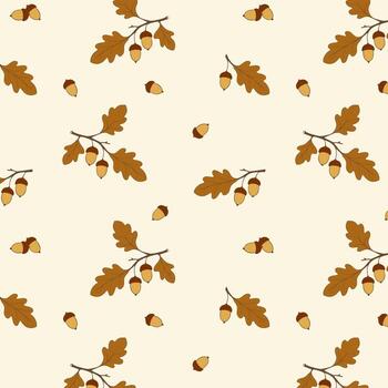Autumn vibes, oak acorns pattern with oak branches and acorn nuts. On light background. vector