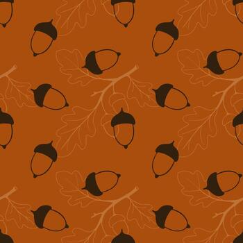 Bright warm pattern with oak branches and acorn nuts. On vibrant orange background. vector