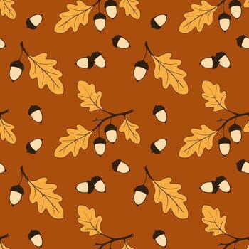 Autumn oak acorns, bright warm pattern with oak branches and acorn nuts. On vibrant orange background. vector