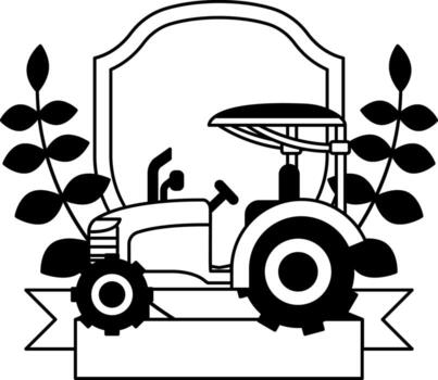 black and white logotype icon of a cartoon tractor in front of a shield vector