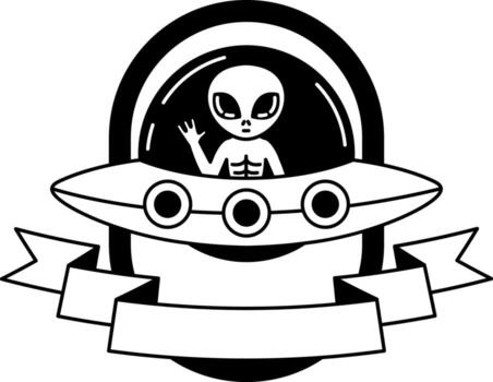 black and white logotype of An alien is on a spaceship vector