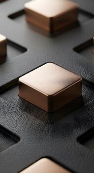 Captivating Rose Gold Square Button A Study in Texture and Contrast Metallic Rose Gold Button in Dark Gray Recess Displays Subtly Reflective Surface with Fine Granular Texture, Exemplifying Modern photo