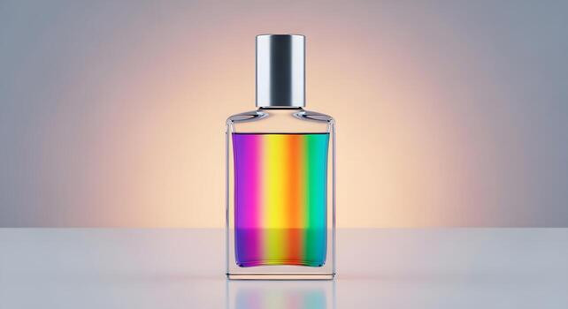 Iridescent Elixir Photorealistic Studio Still Life of a Clear Glass Bottle with Vertical Rainbow Gradient Liquid and Silver Cap on Light Grey, Minimalist Surface, Radiating Purity and Sophistication. photo