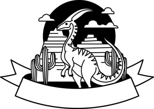 black and white logotype of A dinosaur is standing in front of a desert landscape vector